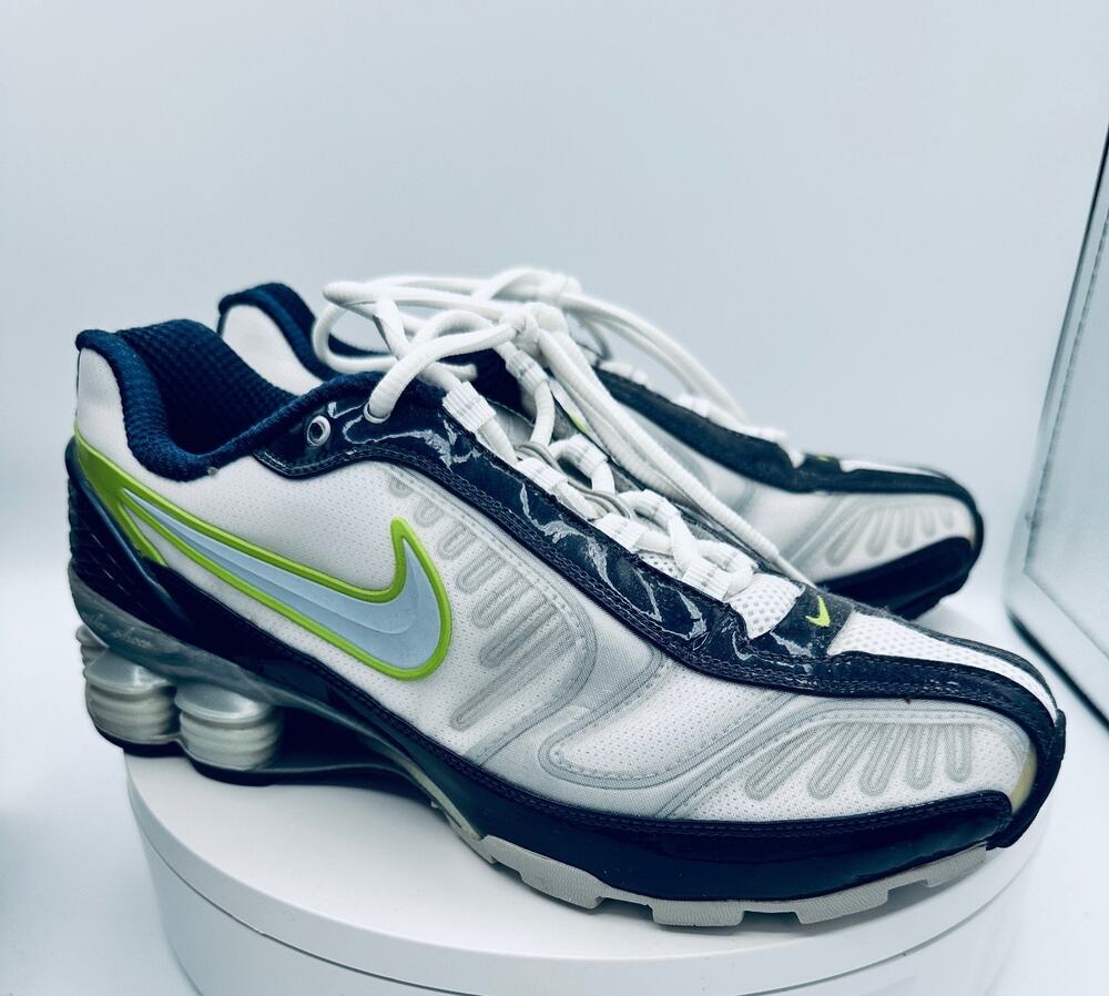 Nike Shox Womens 8.5 White Navy Volt Running Shoes Sneakers Athletic